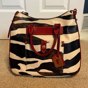 Dooney & Bourke Black & White Zebra-Print Satchel with Red Trim